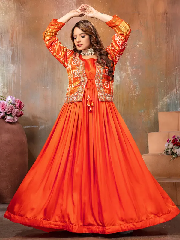 Newest orange satin anarkali suit for wedding