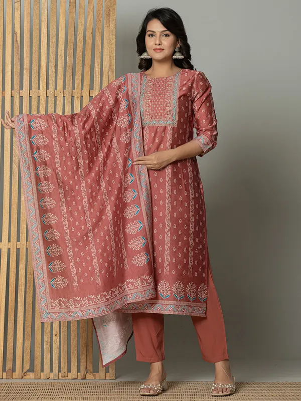 Newest peach linen printed kurti set