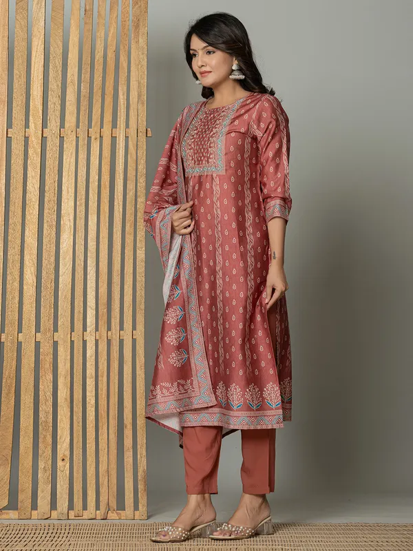 Newest peach linen printed kurti set