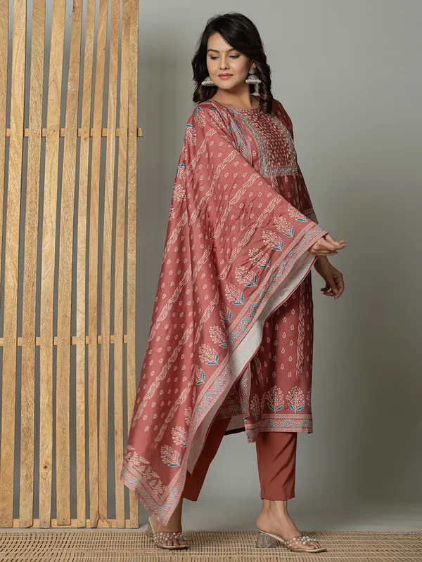 Newest peach linen printed kurti set