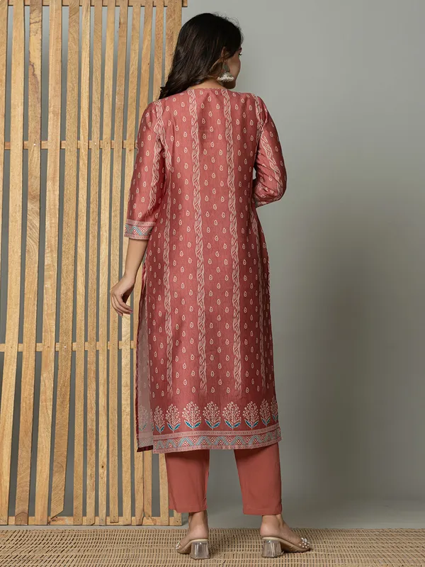 Newest peach linen printed kurti set