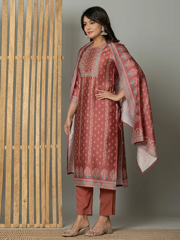 Newest peach linen printed kurti set