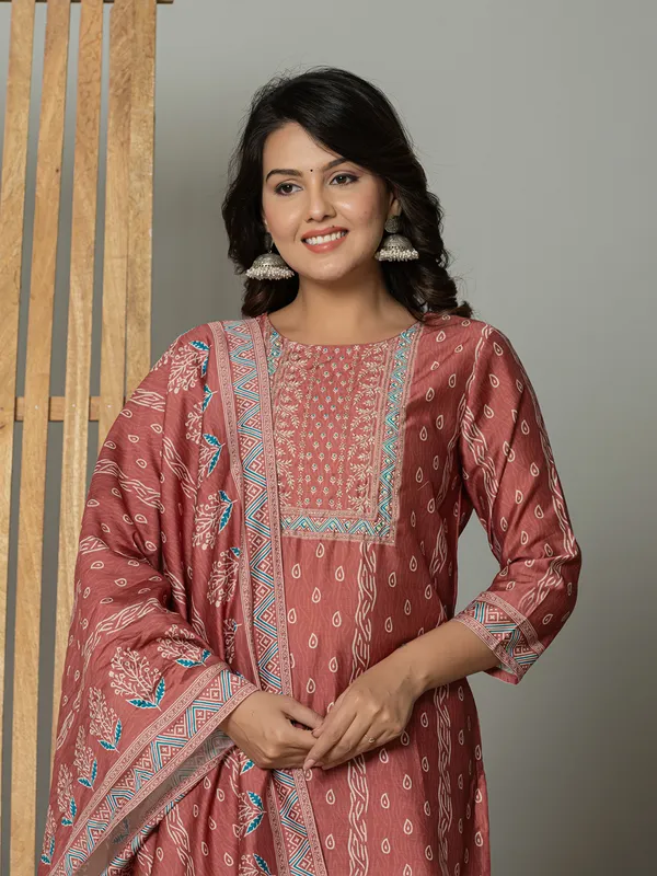 Newest peach linen printed kurti set