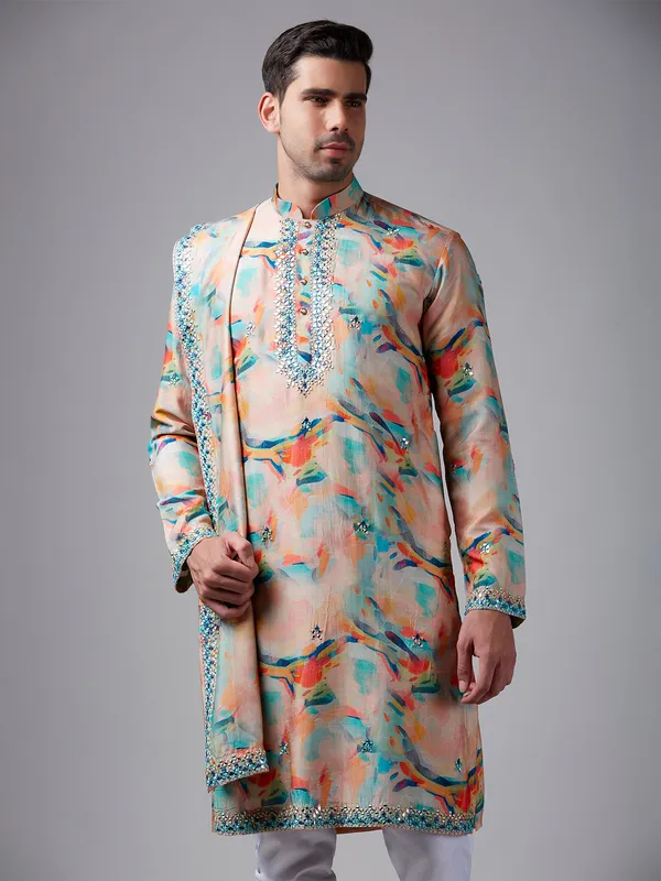 Newest peach silk printed  Men Kurta pajama