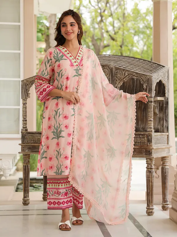 Newest pink printed cotton kurti set