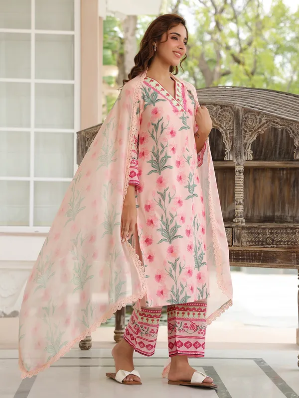 Newest pink printed cotton kurti set
