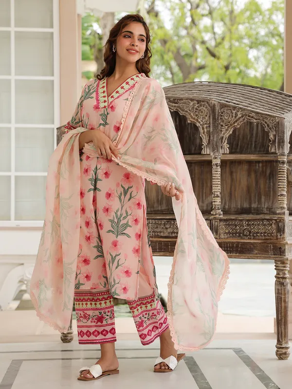 Newest pink printed cotton kurti set
