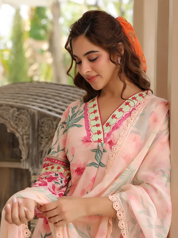 Newest pink printed cotton kurti set