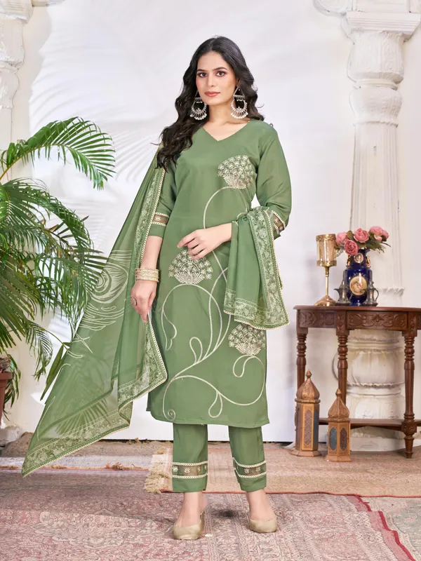 Newest pista green cotton silk kurti set