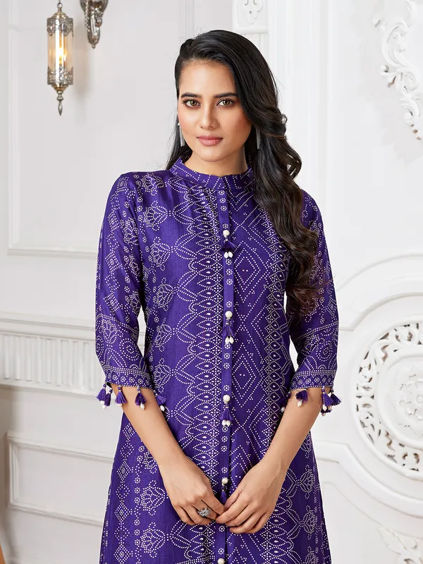 Newest purple russian silk printed kurti set