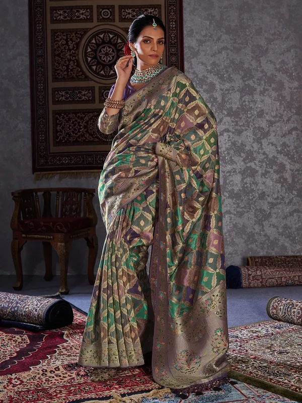 Newest purple silk minakari saree