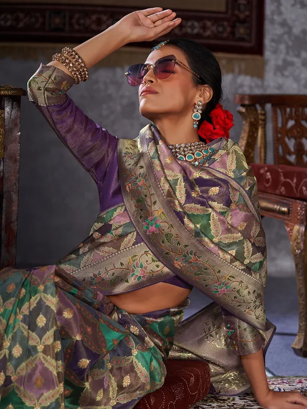 Newest purple silk minakari saree