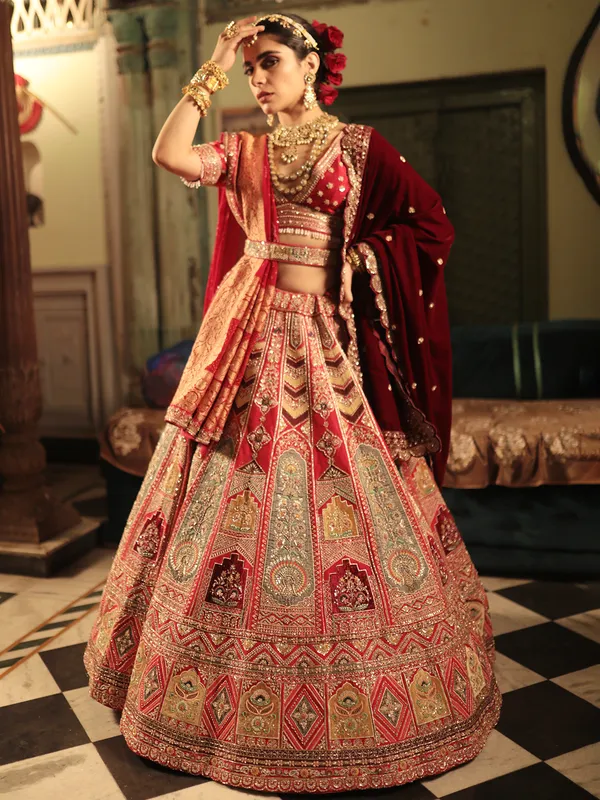 Newest red lehenga choli for bridal in raw silk