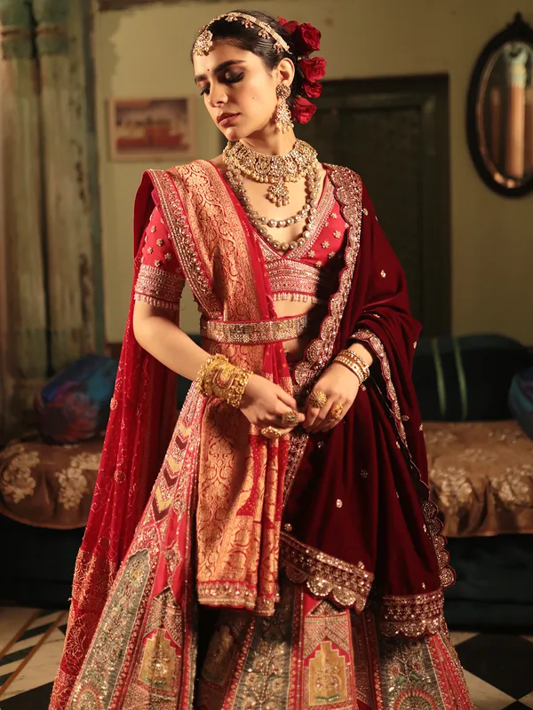 Newest red lehenga choli for bridal in raw silk