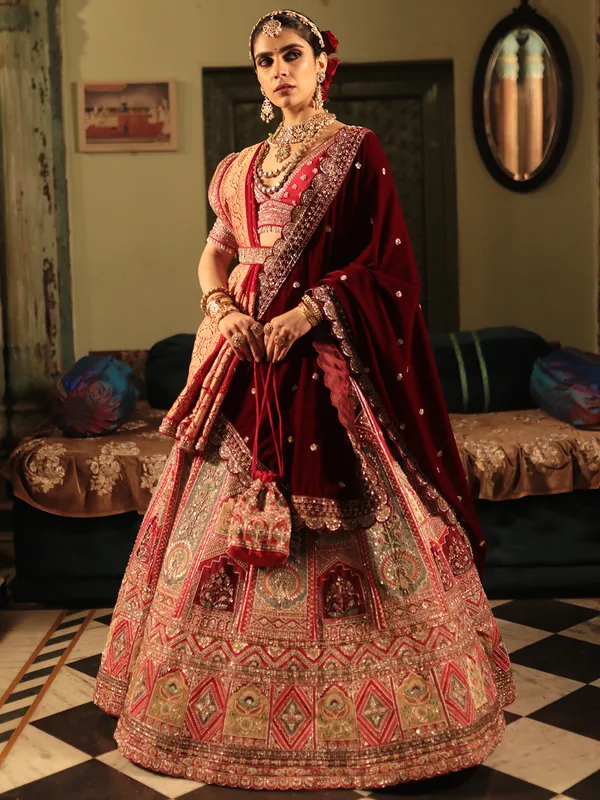 Newest red lehenga choli for bridal in raw silk