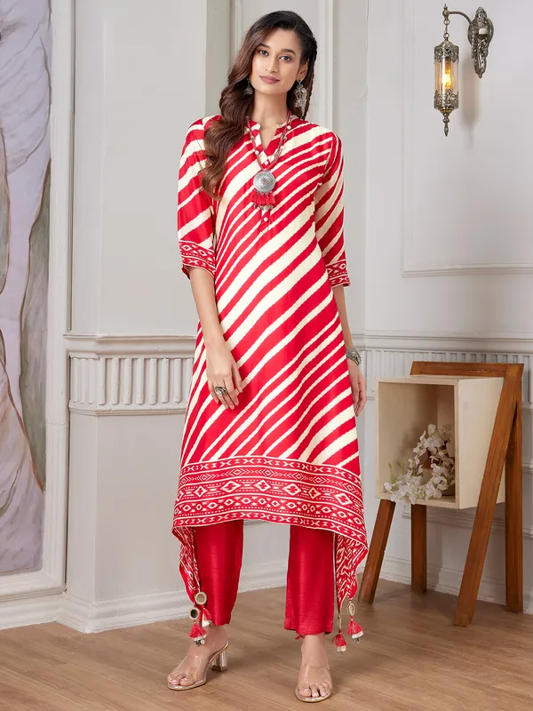Newest red russian silk printed kurti set