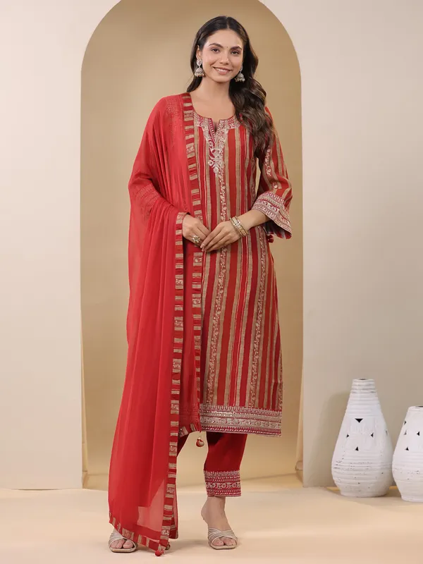 Newest red silk stripe kurti set