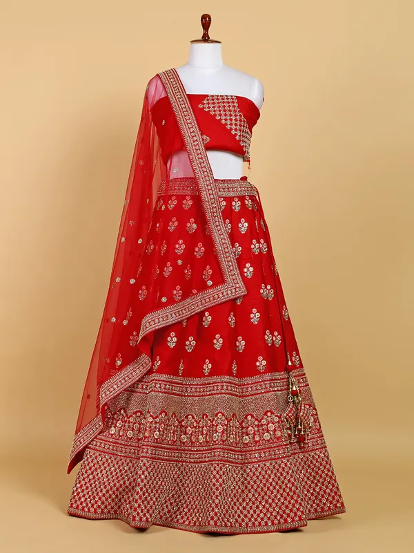 Newest red unstitched lehenga choli in raw silk