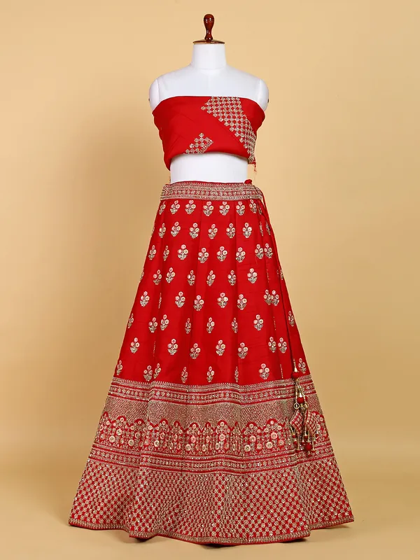 Newest red unstitched lehenga choli in raw silk