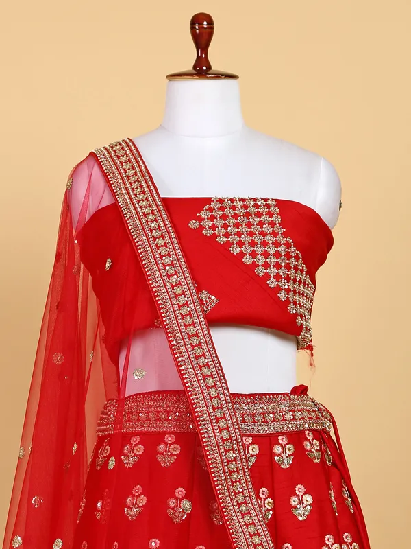 Newest red unstitched lehenga choli in raw silk