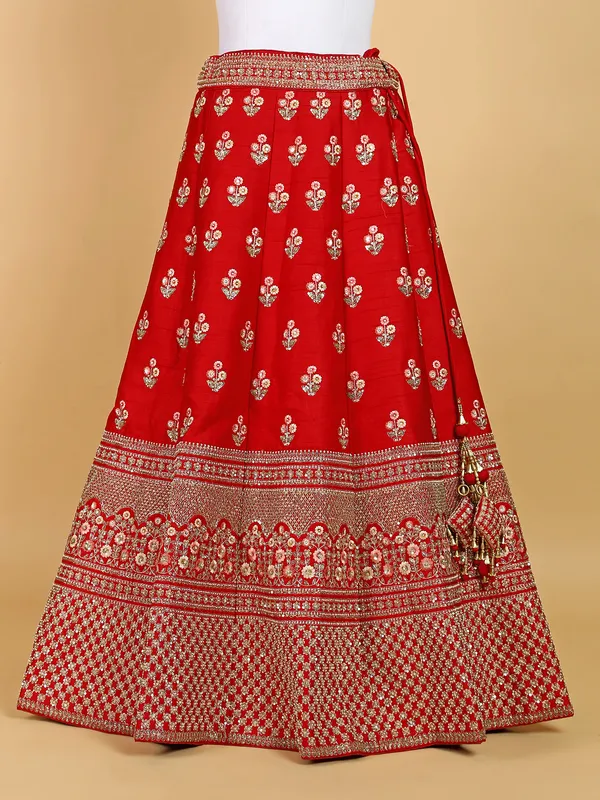 Newest red unstitched lehenga choli in raw silk