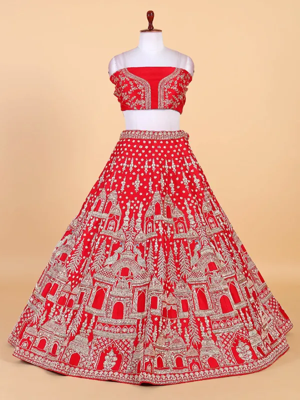Newest red unstitched lehenga choli in raw silk