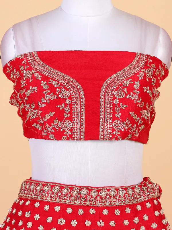 Newest red unstitched lehenga choli in raw silk