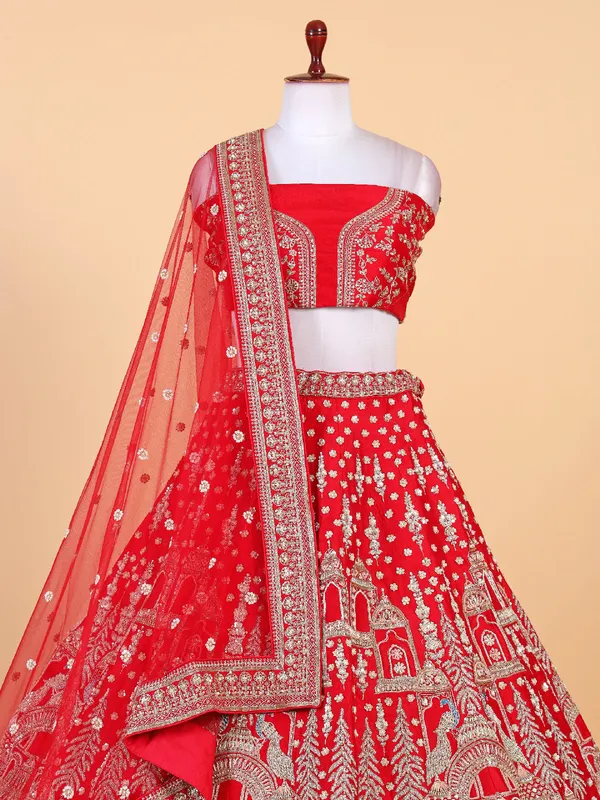 Newest red unstitched lehenga choli in raw silk