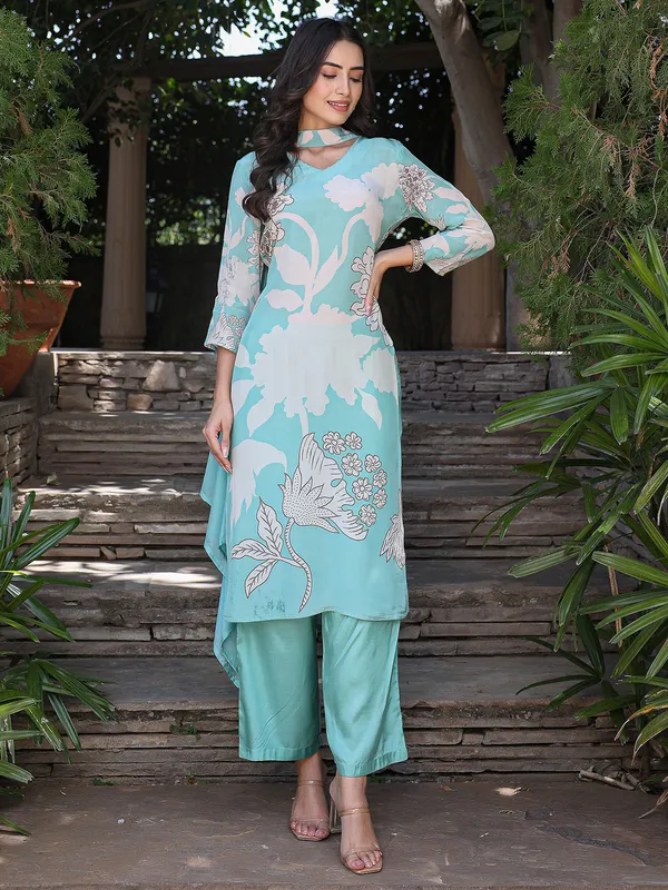 Newest sea blue printed kurti set