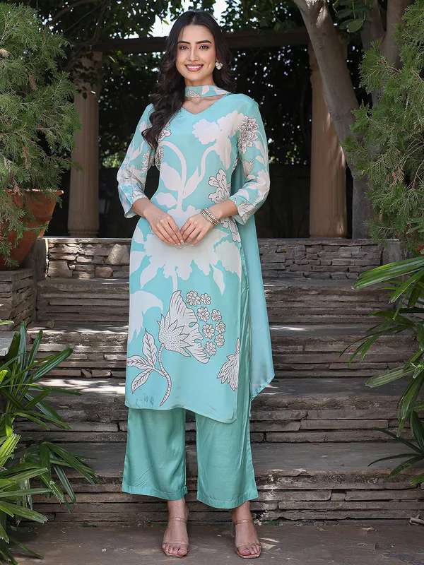 Newest sea blue printed kurti set