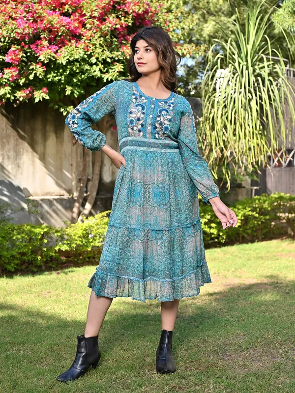 Newest sea green cotton printed kurti