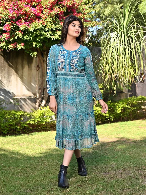 Newest sea green cotton printed kurti