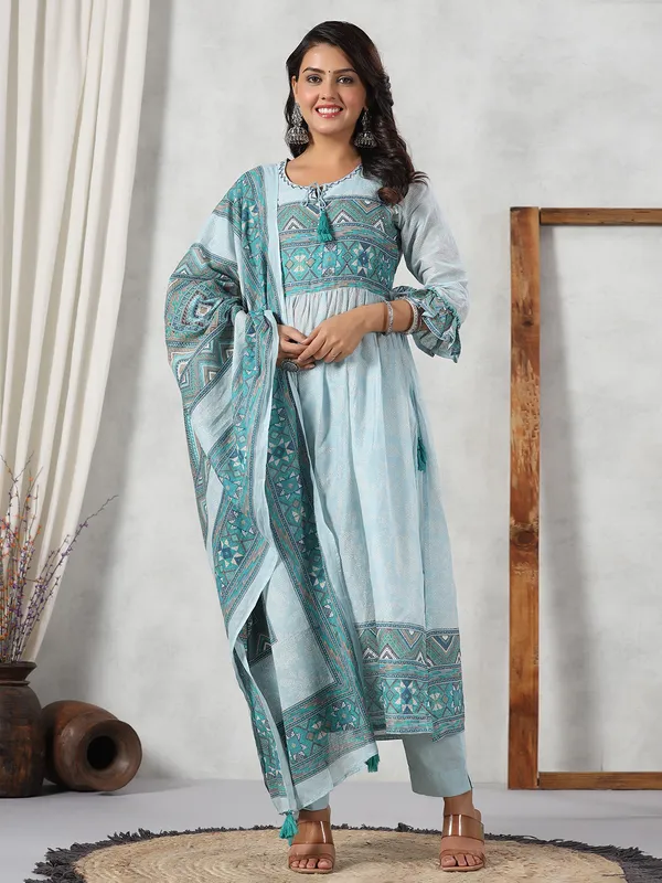 Newest sky blue cotton kurti set