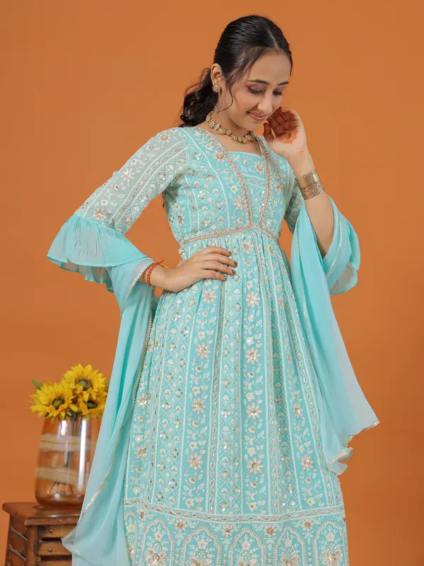 Newest sky blue georgette palazzo set