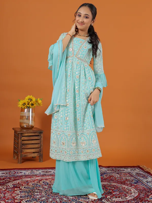Newest sky blue georgette palazzo set