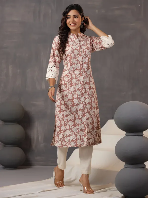 Newest styllish brown cotton silk printed kurti