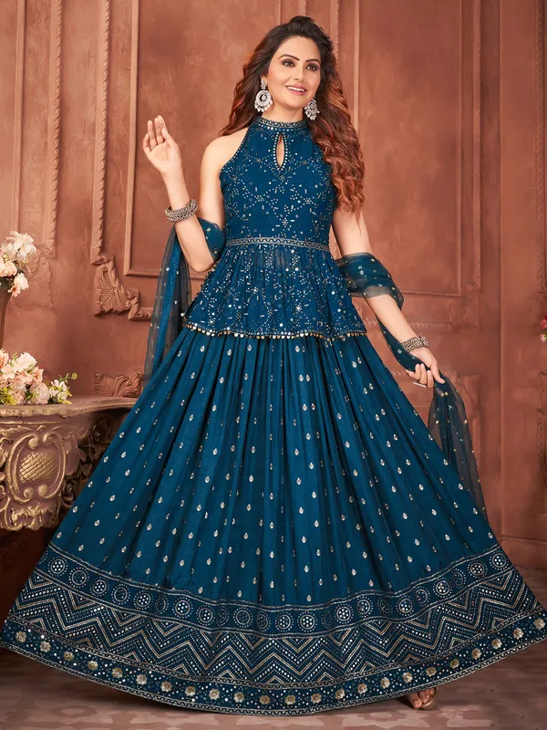 Newest teal blue georgette lehenga choli