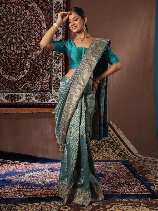 Teal blue kanjivaram silk saree