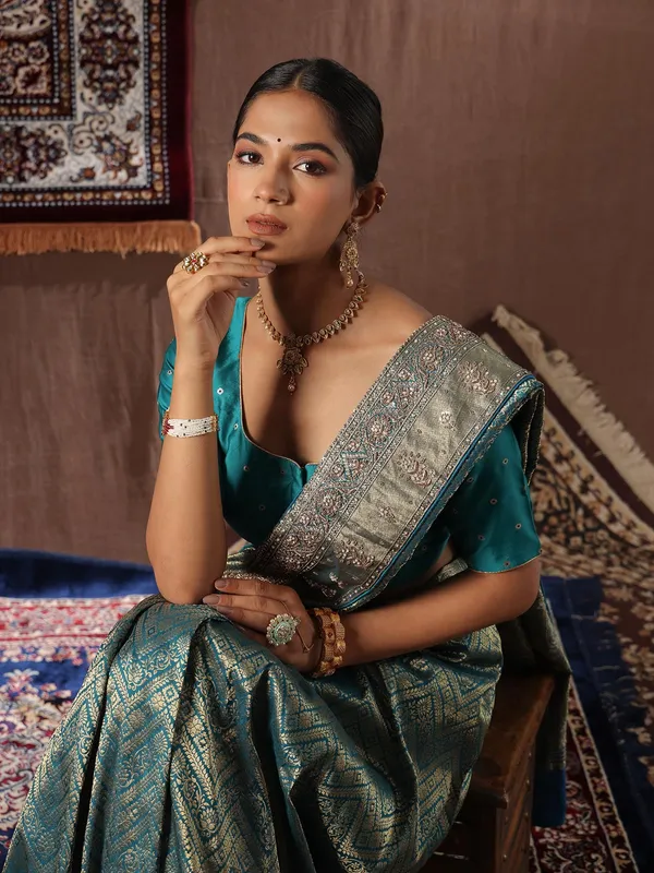 Teal blue kanjivaram silk saree