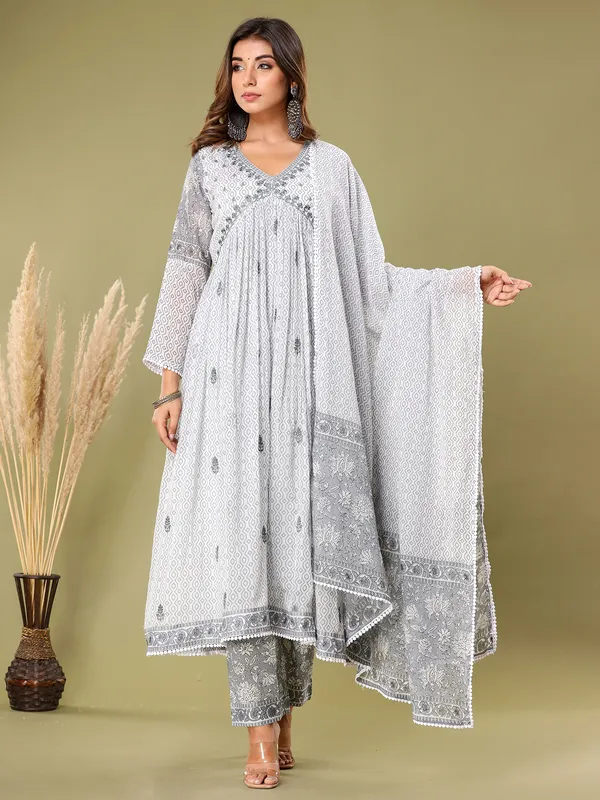 Newest white and grey cotton kurti set