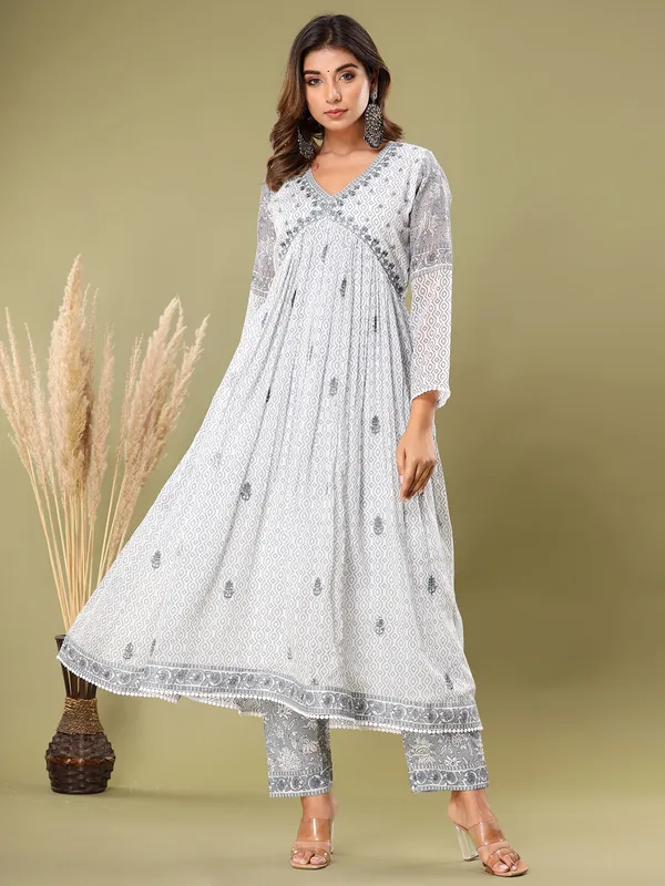 Newest white and grey cotton kurti set