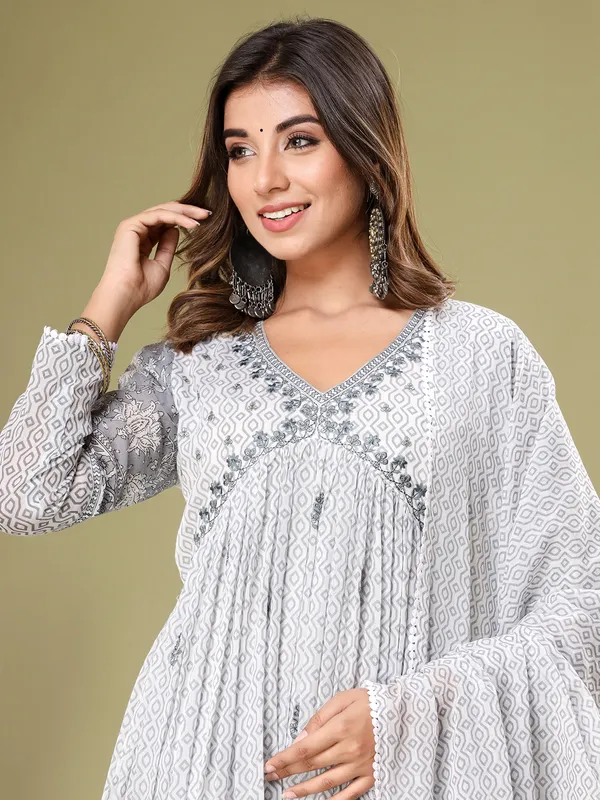 Newest white and grey cotton kurti set