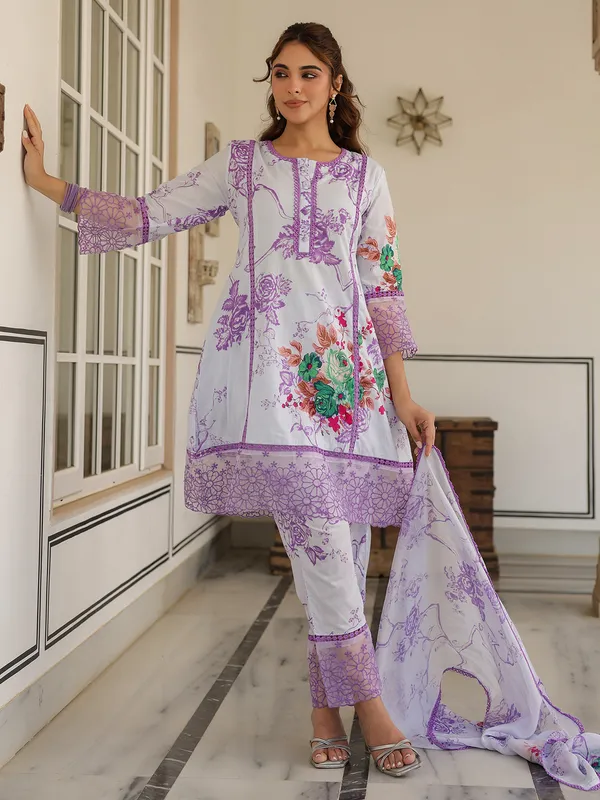 Newest white and purple silk kurti set