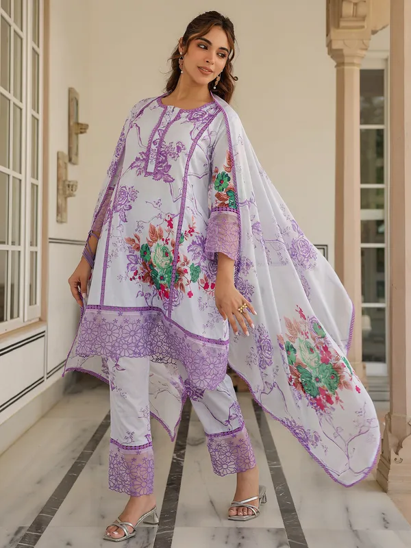 Newest white and purple silk kurti set