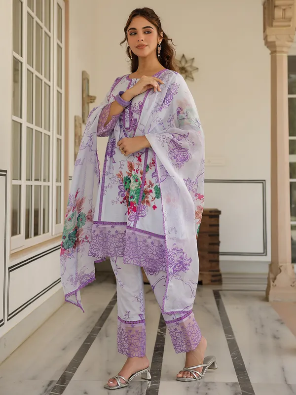 Newest white and purple silk kurti set