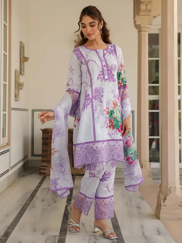 Newest white and purple silk kurti set