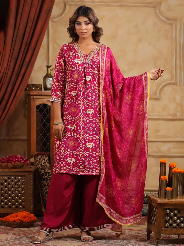 Newest wine silk palazzo kurti set