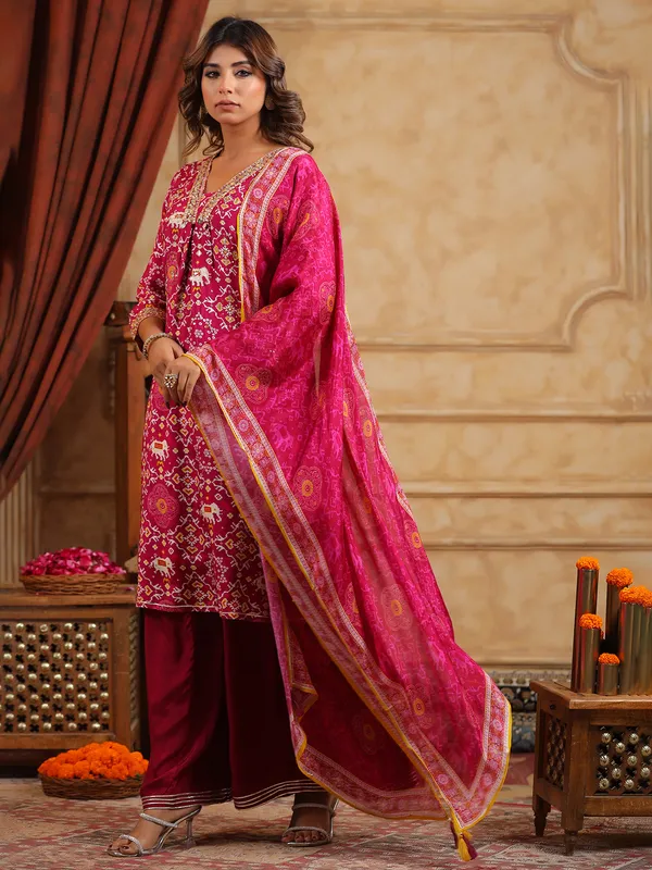 Newest wine silk palazzo kurti set