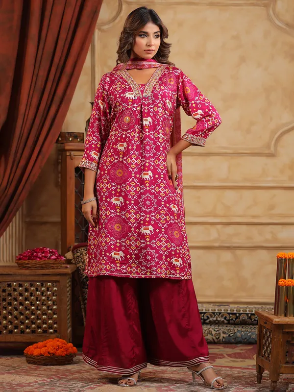 Newest wine silk palazzo kurti set