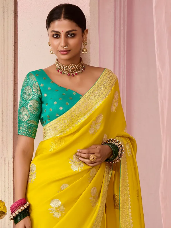 Newest yellow dola silk saree for wedding